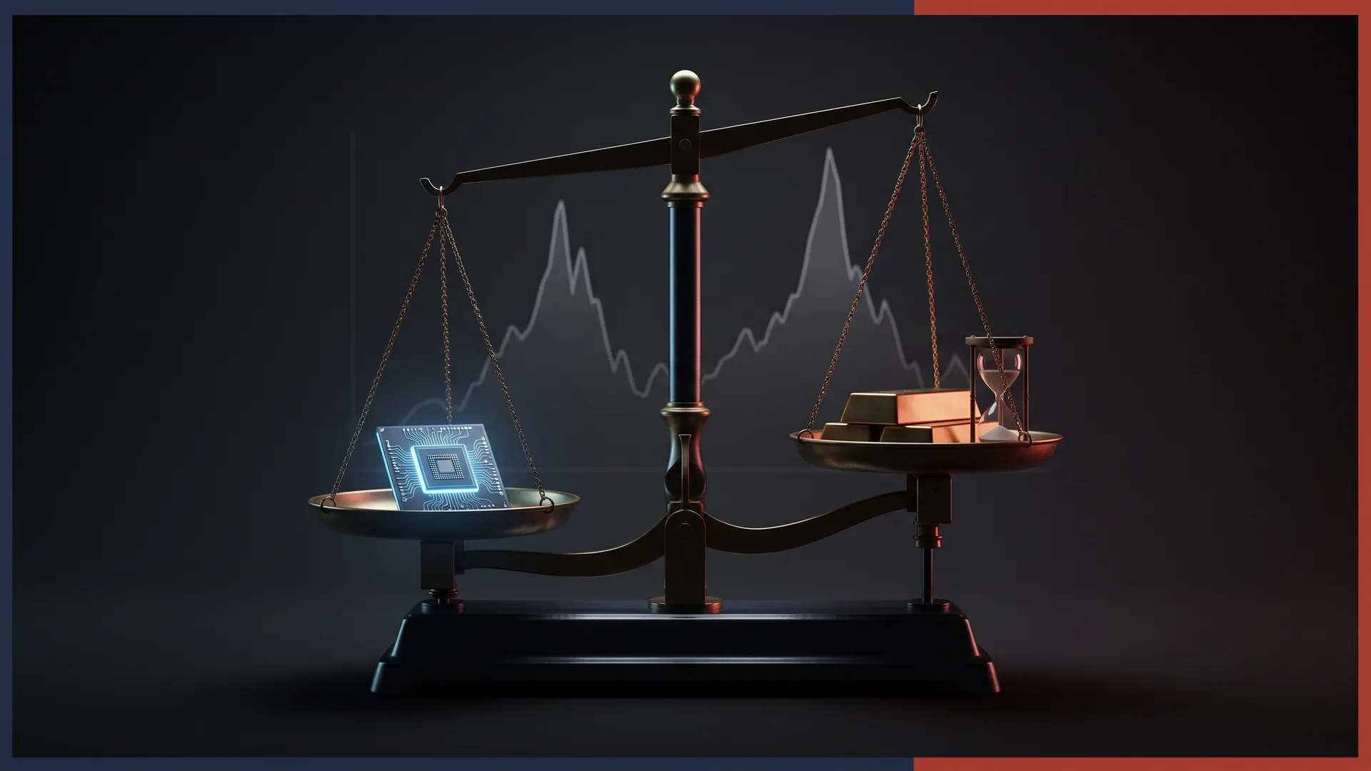 A balance scale weighing a glowing AI computer chip against gold bars and an hourglass, with a stock market chart in the background, representing the tradeoff between AI exposure and defensive assets.