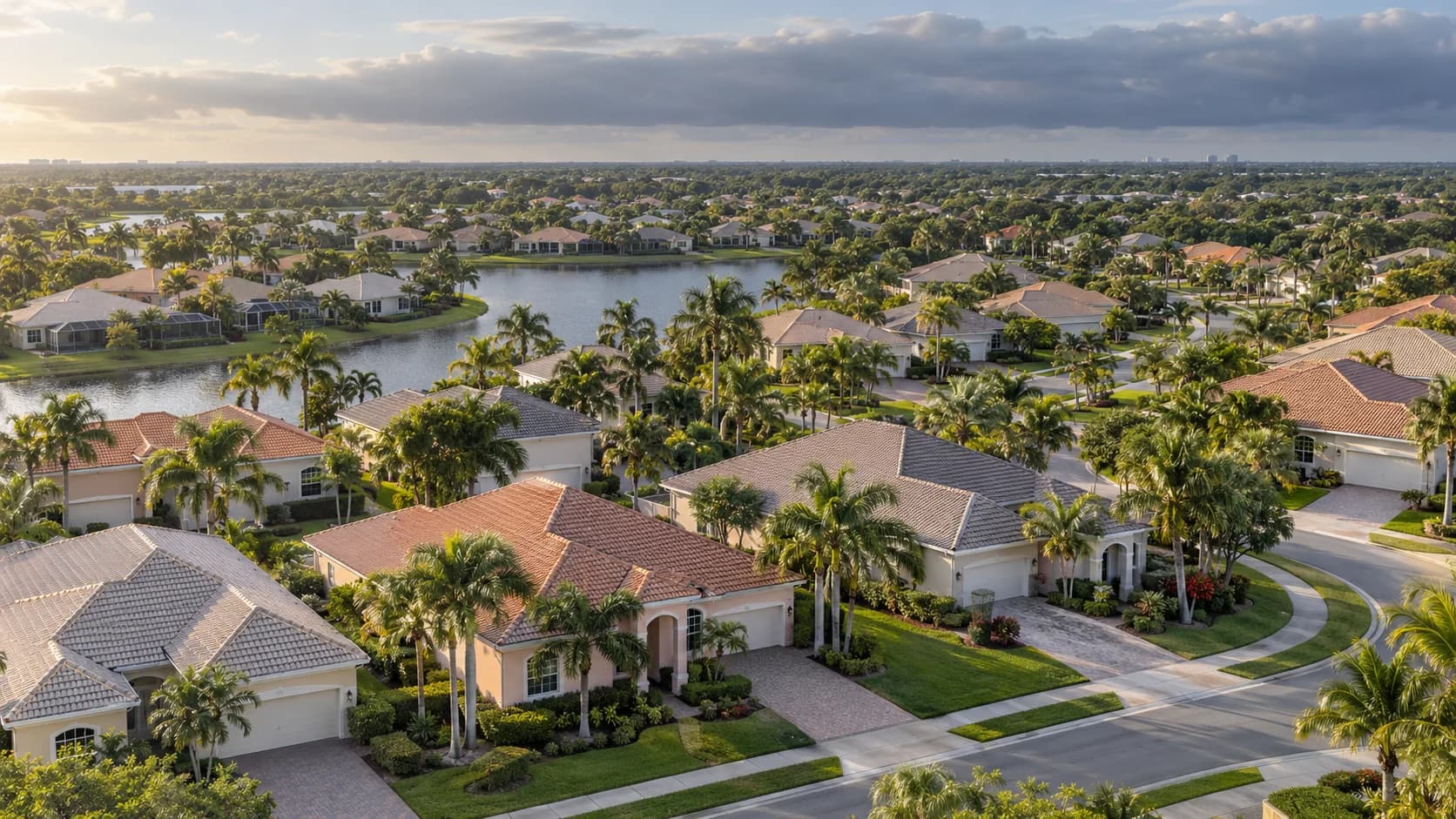 Aerial view of a suburban neighborhood with tiled-roof homes, palm trees, and lakes beneath a partly cloudy sky.