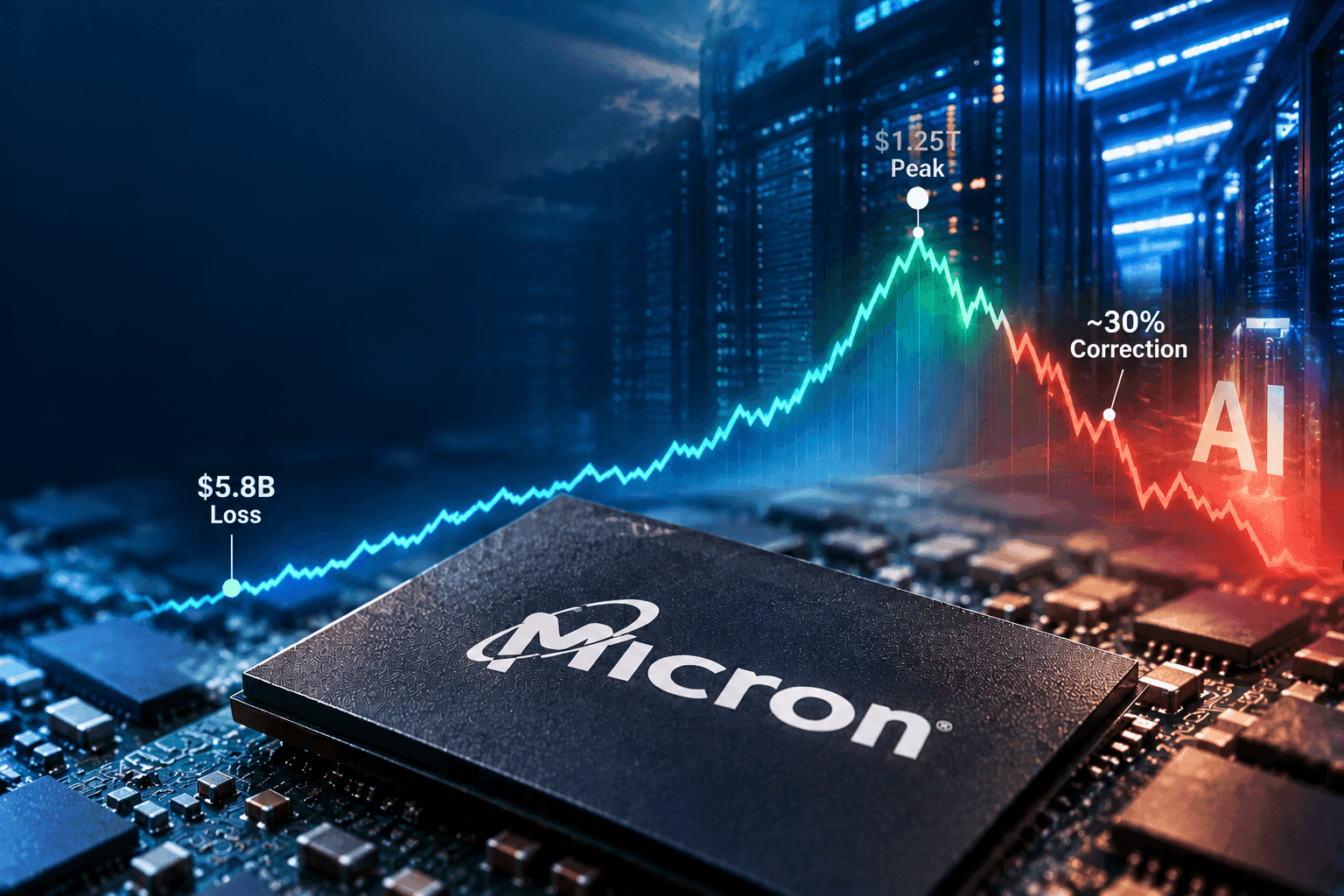 A stylized Micron memory chip on a circuit board with an overlaid stock-price line rising from a $5.8 billion loss through a $1.25 trillion peak to a roughly 30% correction, illustrating the three AI-driven valuation phases.