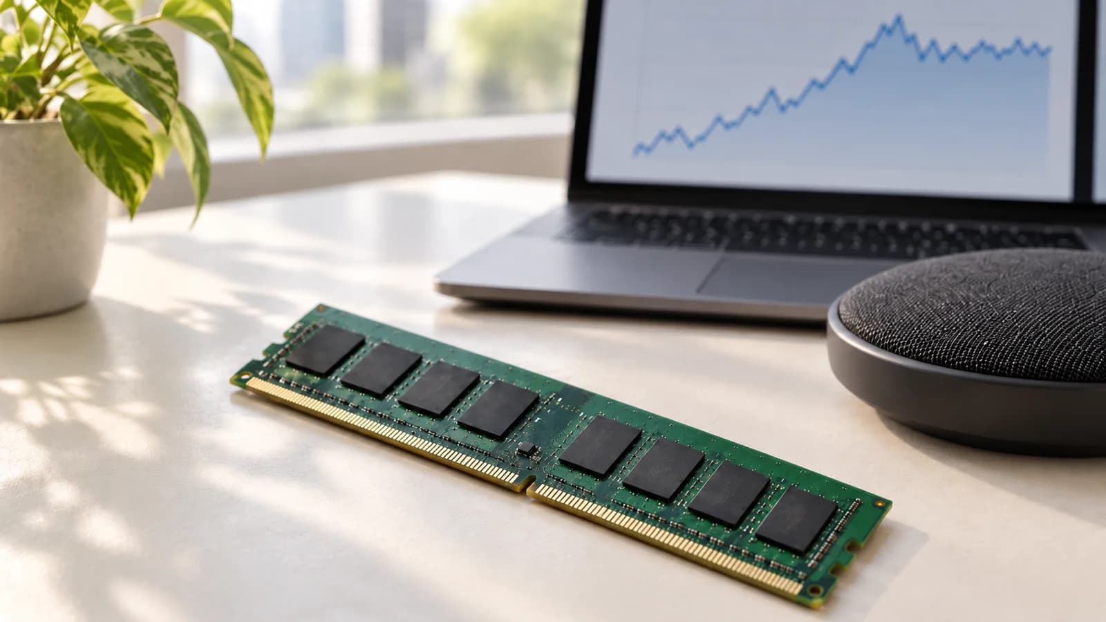 Computer memory module on a sunlit desk beside a conference speakerphone and a laptop displaying an illustrative stock chart.