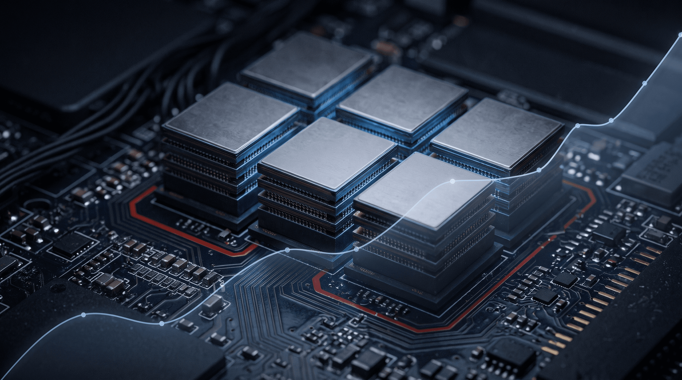 Stacked high-bandwidth memory chip modules on a circuit board with a rising price line traced across the traces, representing the HBM supply squeeze behind Microsoft's AI infrastructure costs.