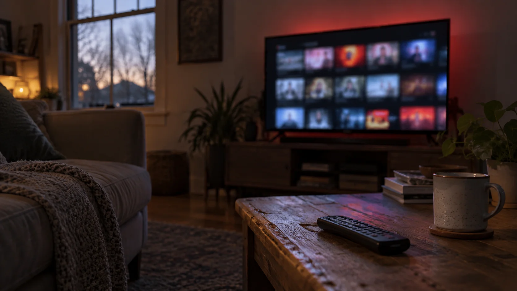 Remote control and mug on a wooden coffee table in a quiet living room, with a blurred streaming interface on the television.