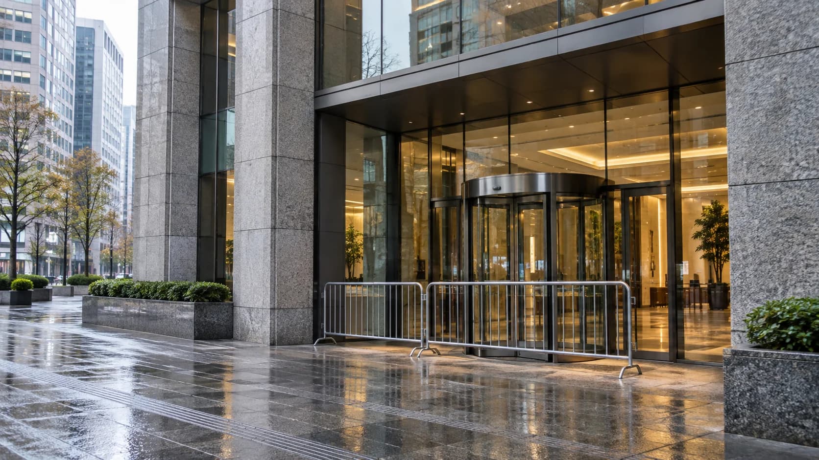 Conceptual illustration of Japan insurance sales restrictions: metal barriers outside an illuminated office entrance, with a stone facade and reflections on wet pavement.