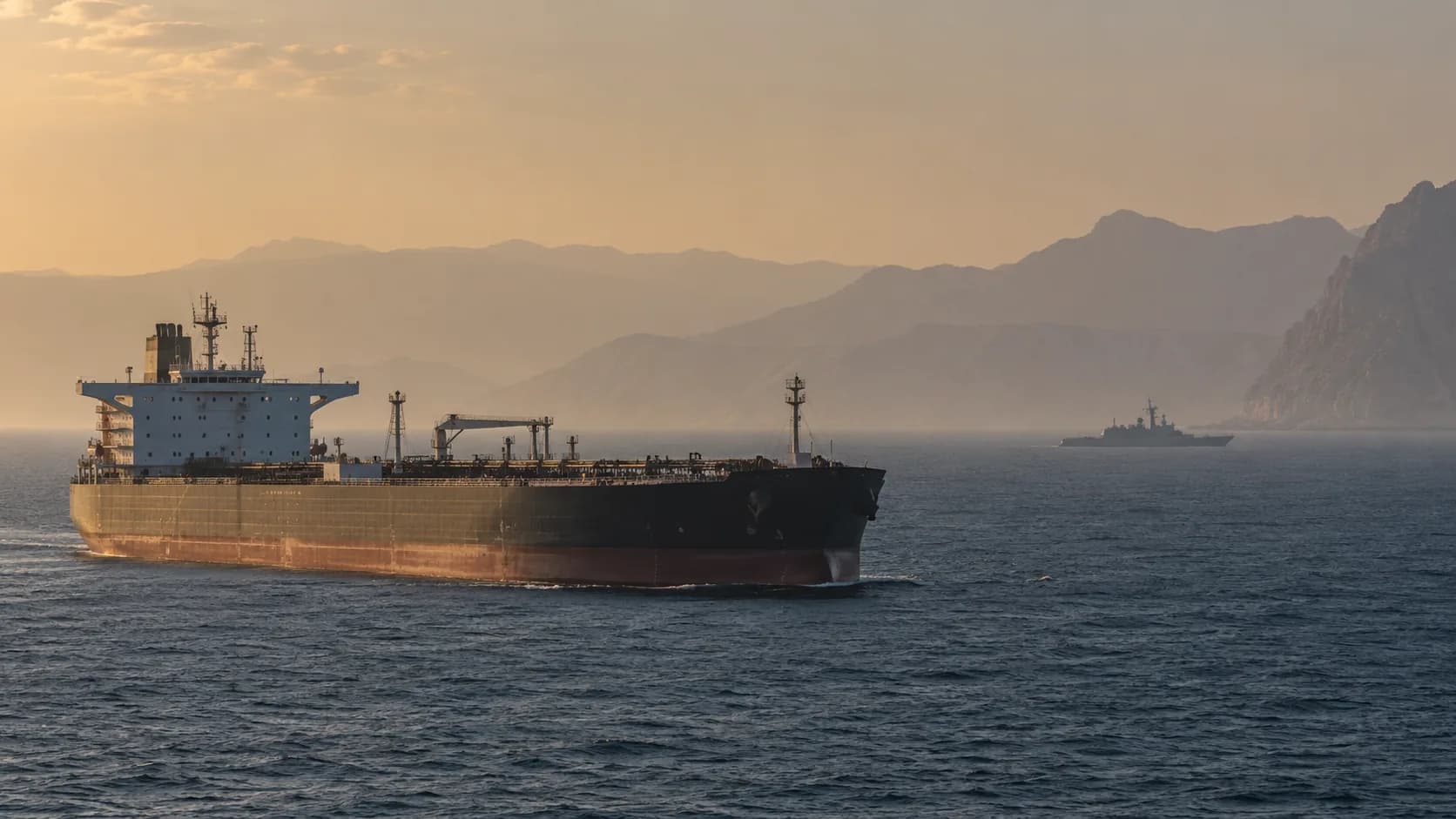 A loaded crude oil tanker sails through hazy Gulf waters at sunset as a naval warship patrols near the rocky coastline in the distance, evoking tanker traffic through the Strait of Hormuz