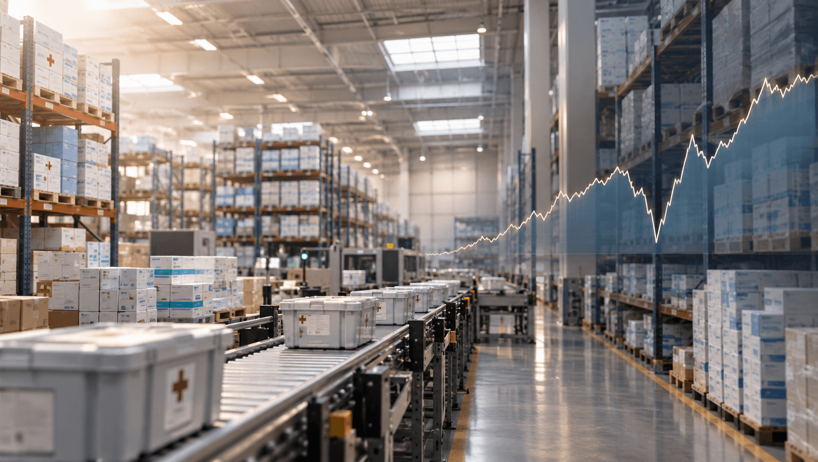 Interior of a modern pharmaceutical distribution warehouse with tall racks of medicine cartons and a conveyor line, overlaid with a faint line chart tracing a rise, crash, and recovery.
