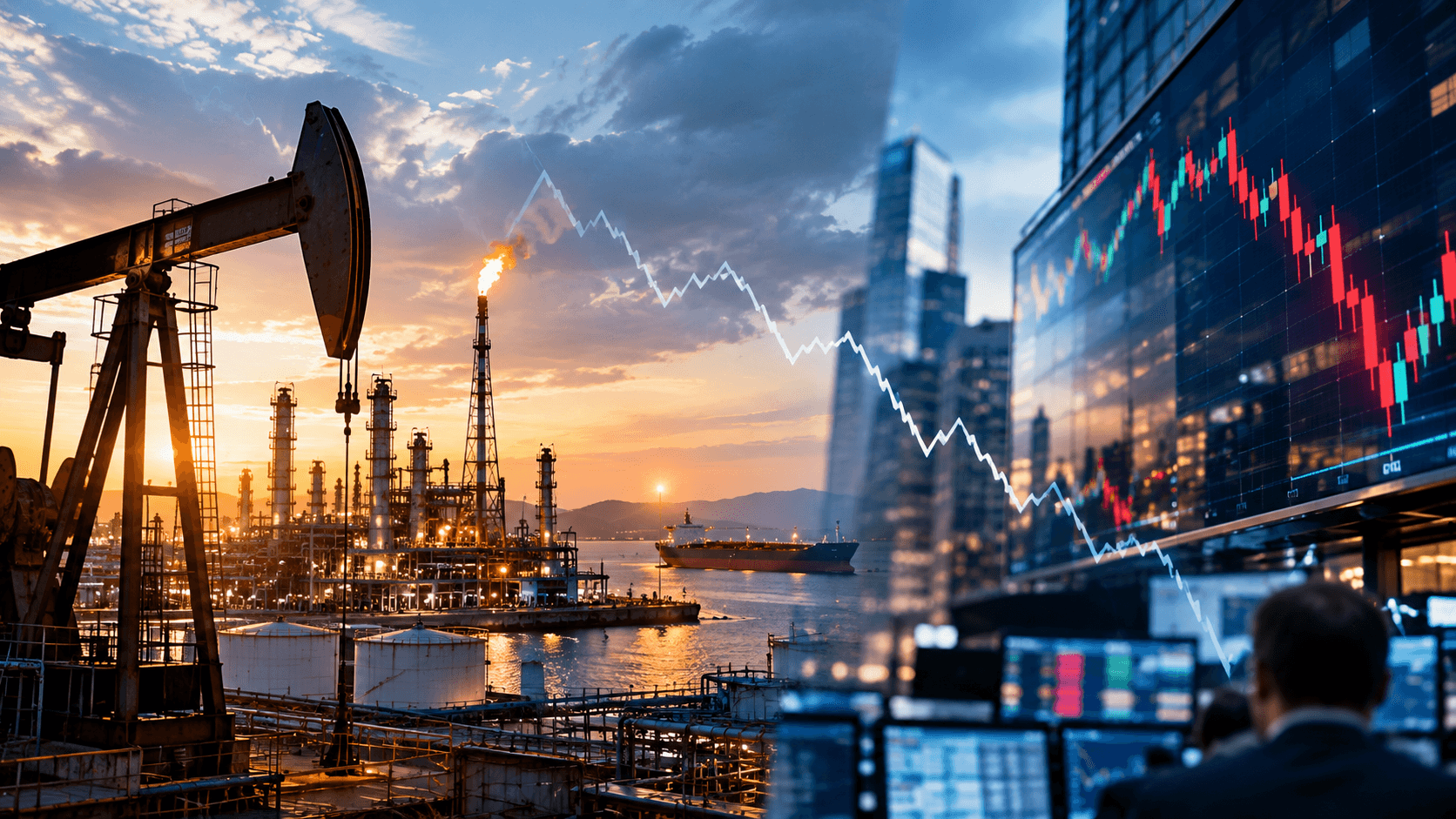 Split composite image of an oil refinery and tanker at sunset merging into a financial district skyline, with a falling white line chart and red candlestick chart overlaid across both scenes