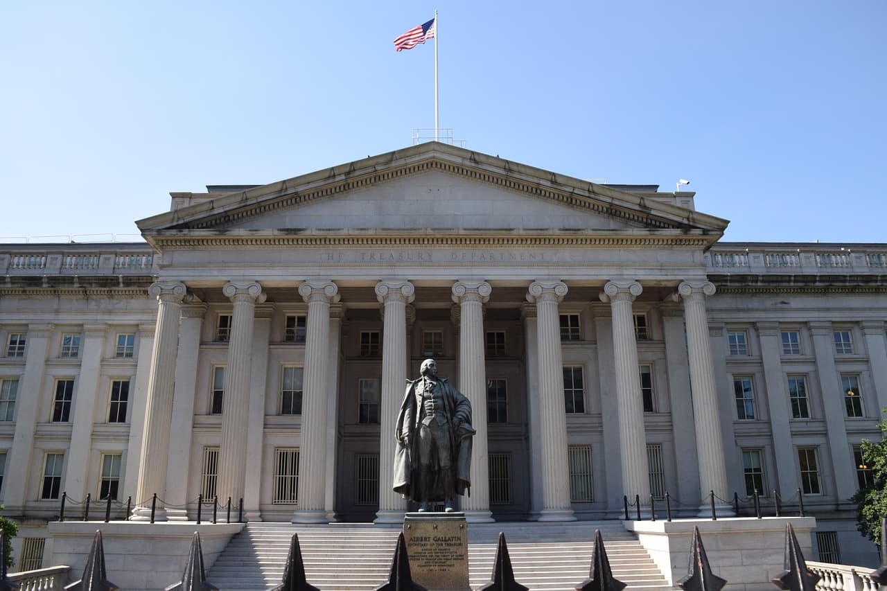 The U.S. Treasury Building in Washington, D.C., photographed from Pennsylvania Avenue