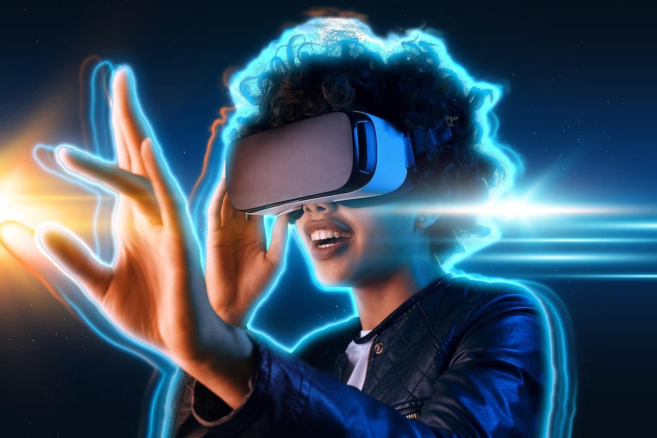A person wearing a virtual reality headset reaches toward a glowing trail of light, representing the AI and virtual-technology bets now central to Meta's stock story.