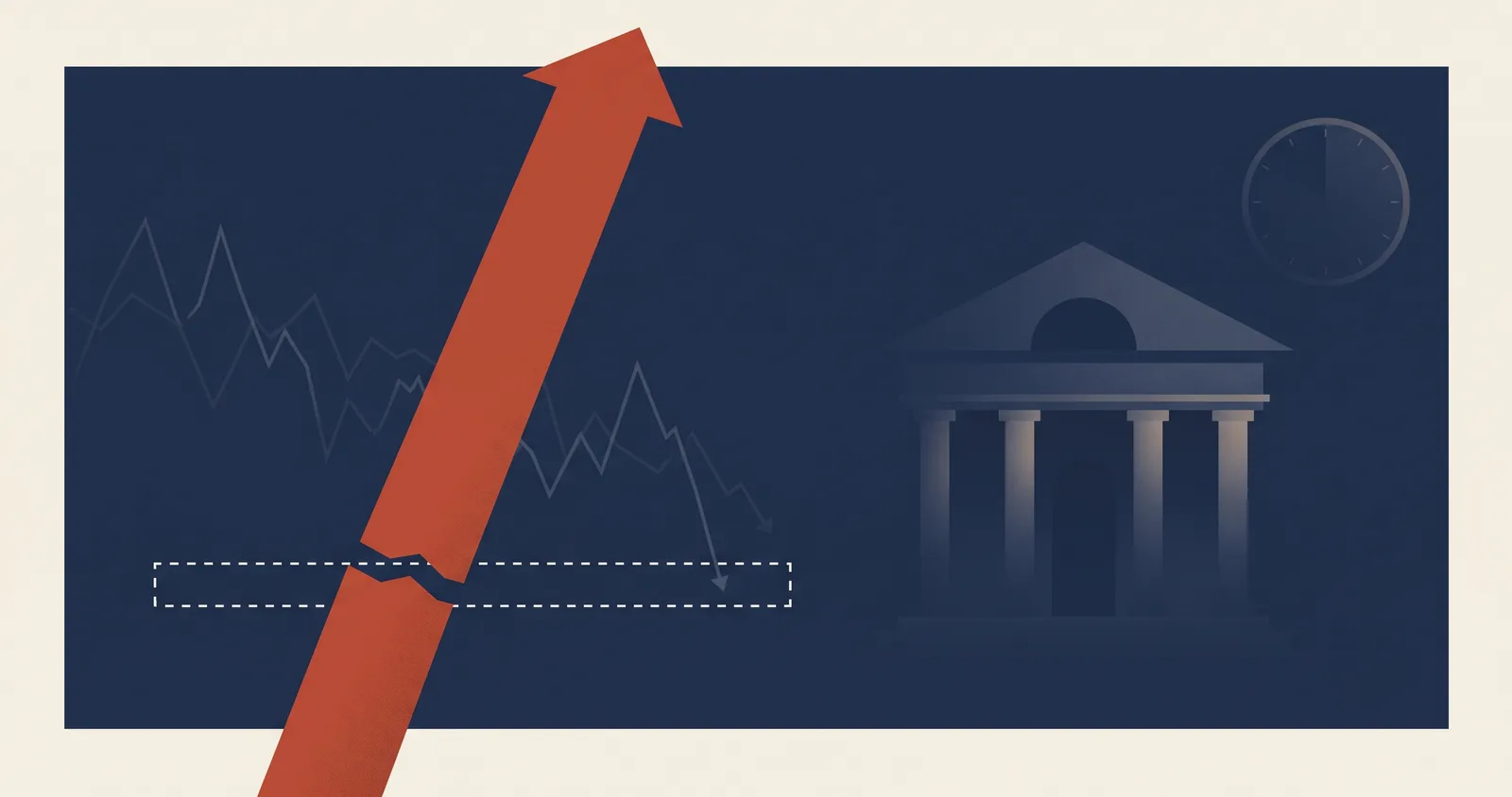 An illustration of a terracotta arrow breaking through a dashed forecast line and rising sharply, while a faint stock market line trends downward in the background, with a Federal Reserve building silhouette and a clock counting down, representing the August jobs report beating expectations while markets brace for the Fed's rate decision.