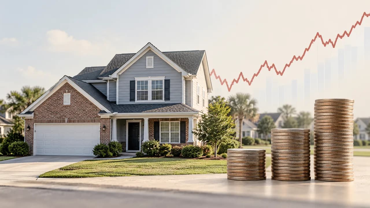 A suburban house beside three ascending stacks of coins, with a rising red line chart in the background.